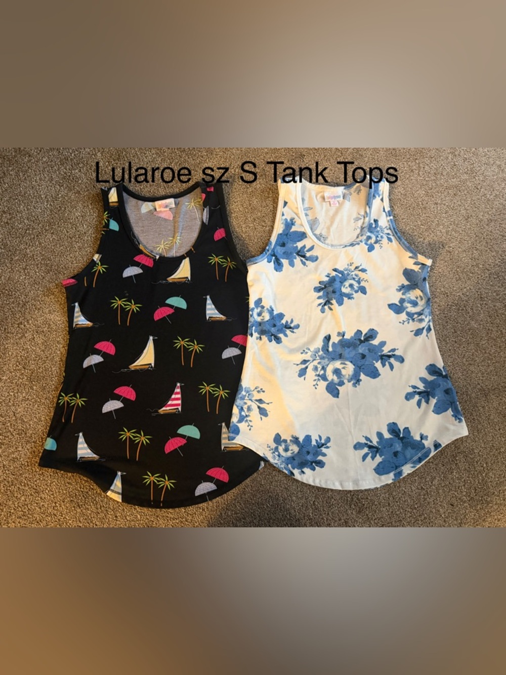 LuLaRoe Black Sailboat & White Blue Floral Tank Tops sz s